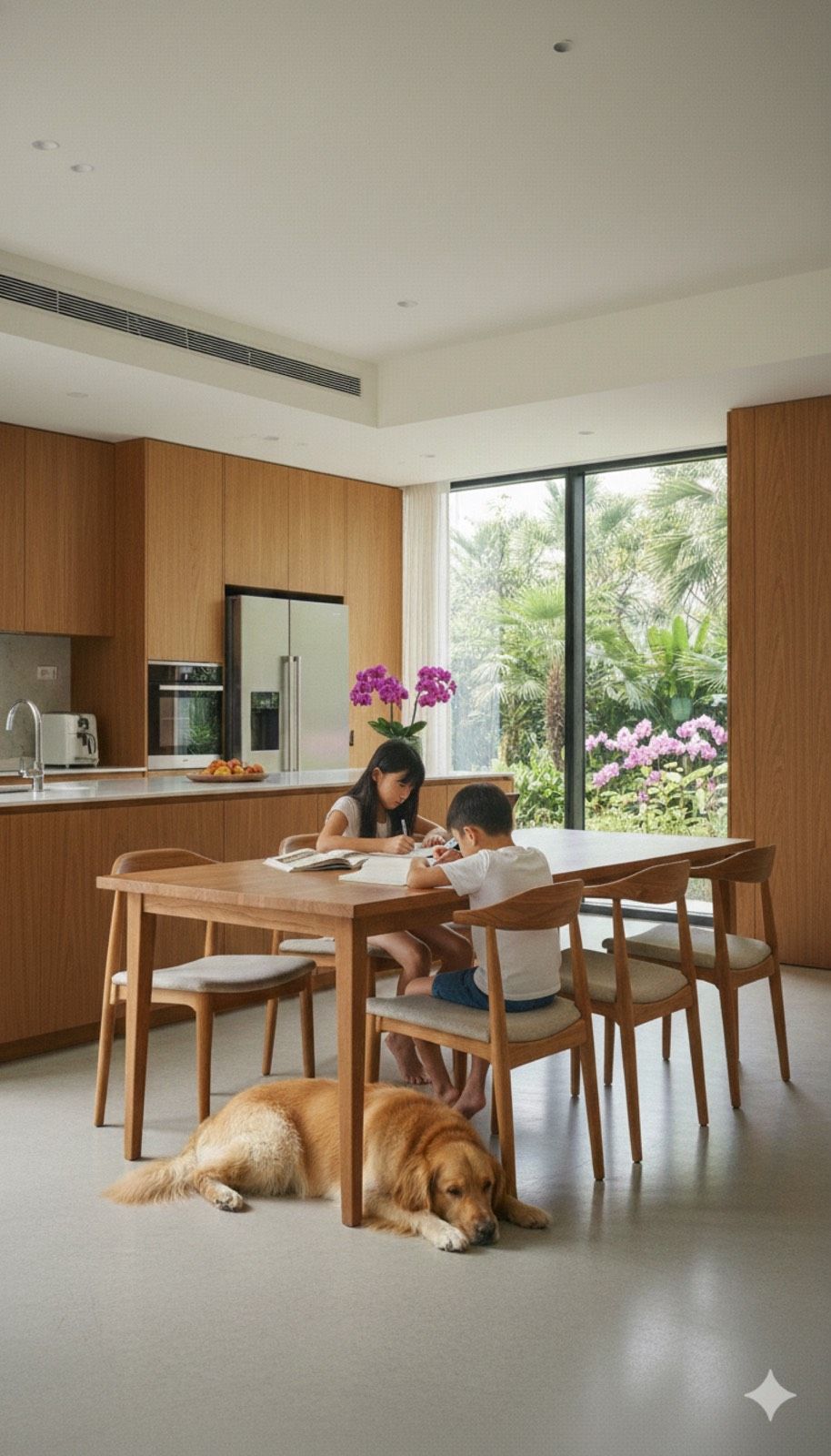Children studying at home with pet dog