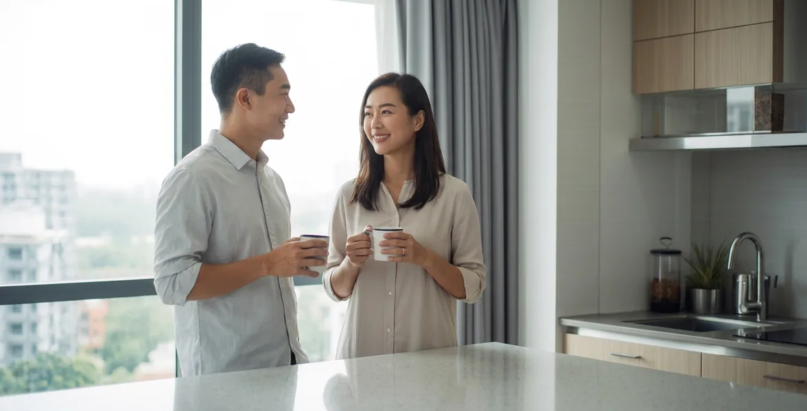 A couple talking over coffee in their kitchen