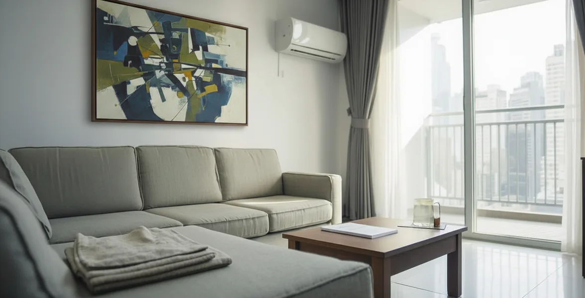 A bright living room with abstract wall art