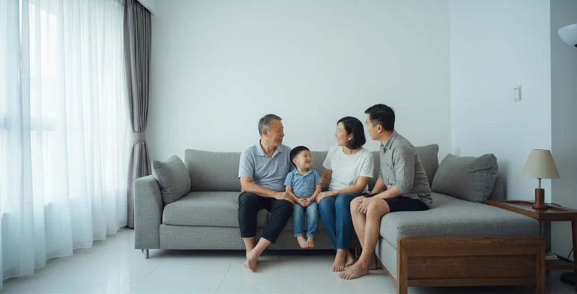 Three generations of a family together on a sofa